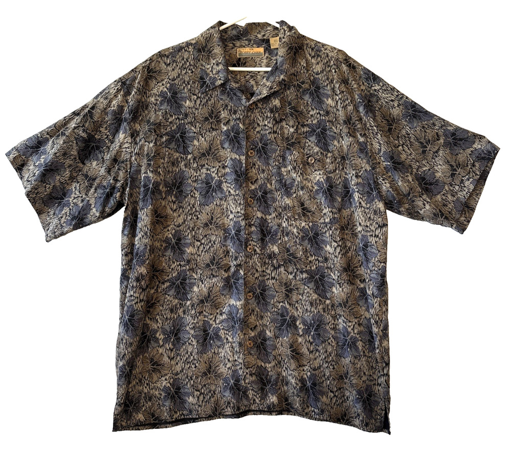 Bobby Chan Mens Hawaiian Button Up Shirt Size XXL 100% Silk Brown Gray